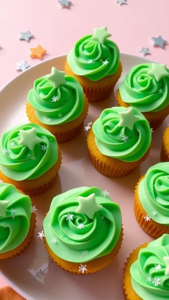 DekU-themed cupcakes with green frosting and star decorations on a pastel plate.